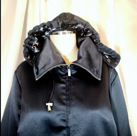 Dennis Basso Midi Trench Women,Navy Blue Satin Detachable Hood ZipUp, Pckts,M - Picture 4 of 14